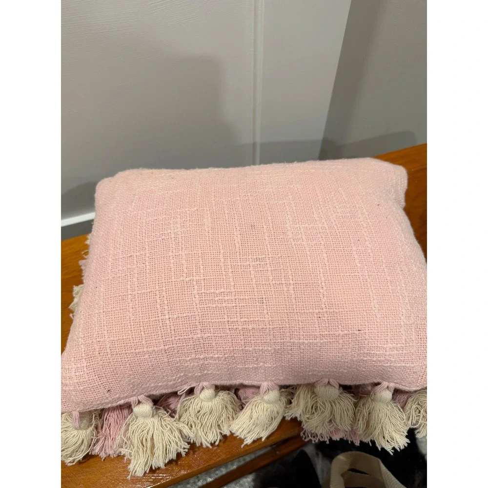 Boho Pink Woven Tassel Throw Pillow Cream Fringe Lumbar Decorative Accent 12x9